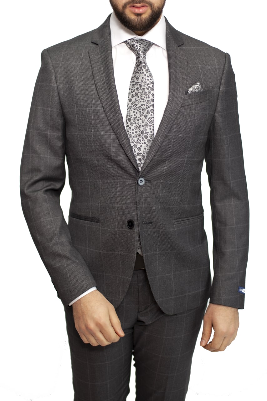Costume Gris Foncé Carreaux 2 Bouton