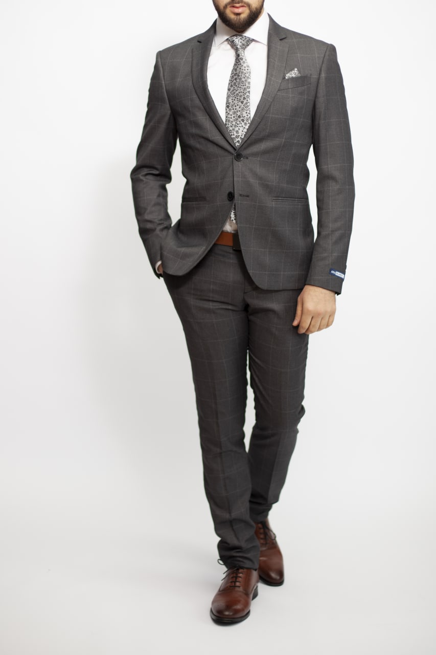 Costume Gris Foncé Carreaux 2 Bouton