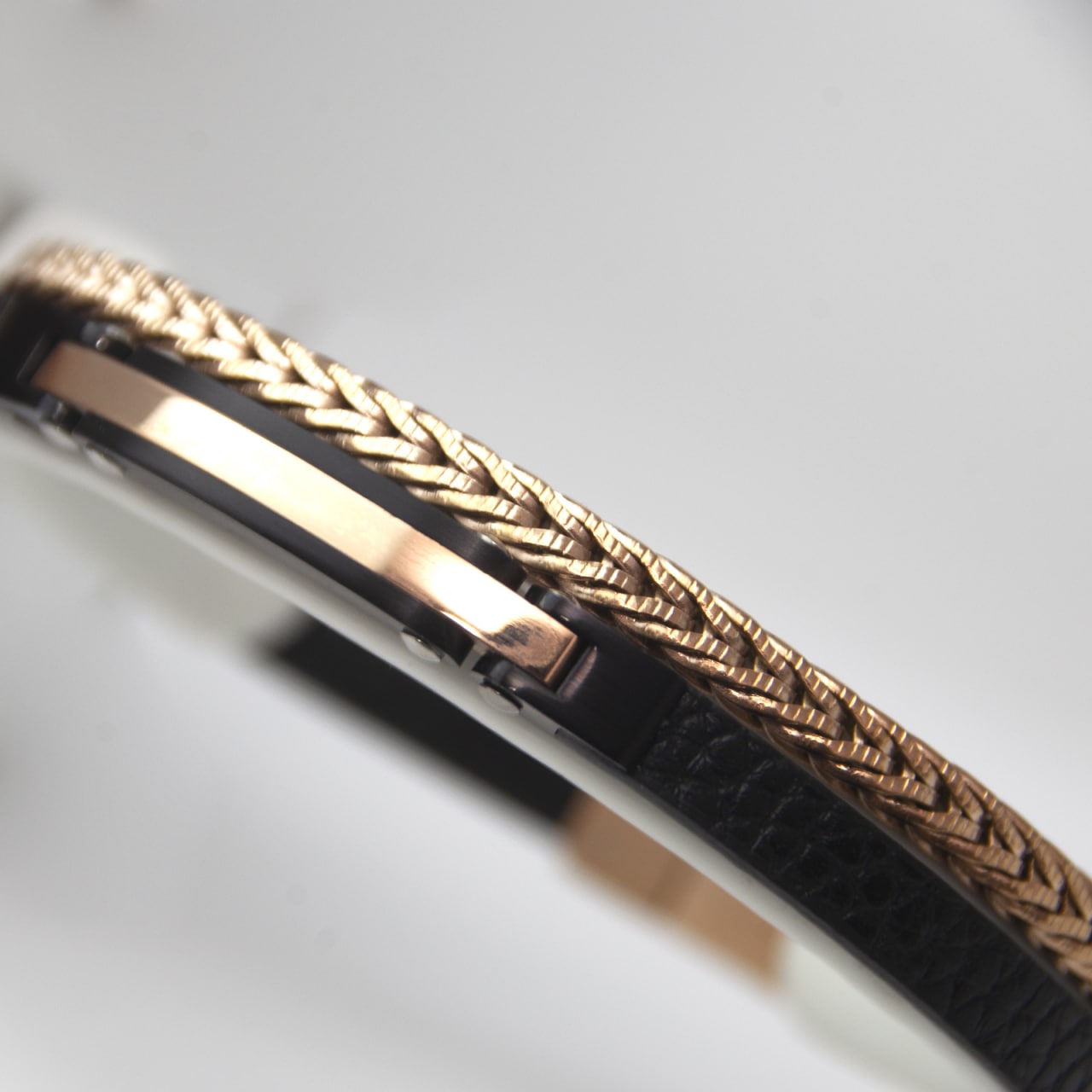 Bracelet cuir et tressé bronze en acier inoxydable